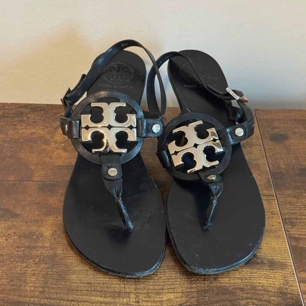 Tory Burch Black Thong Sandals with Silver Logo Size 8M